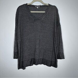 Eileen Fisher Black Cream Striped 3/4 Sleeve Organic Linen Knit Sweater Size XL